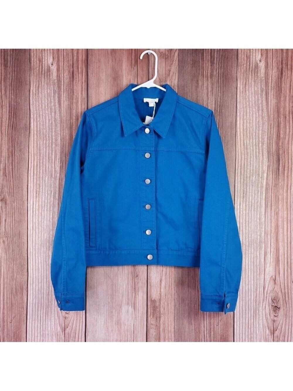 NWT COS Cropped Denim Jacket Womens Size EUR 42 Blue Silver Buttons Cotton